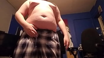 Young fat teen with micro cock takes of his pants