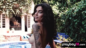 Inked all natural latina beauty Hades showing her hairy pussy outdoor
