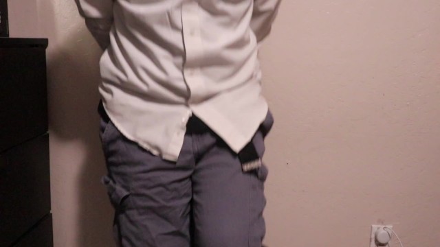 Desperate and handcuffed guy wets his pants
