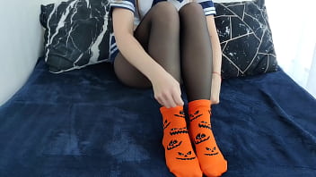 Sockjob in Orange Halloween socks