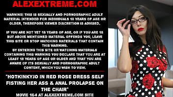 Hotkinkyjo in red rose dress self fisting her ass &_ anal prolapse on the chair