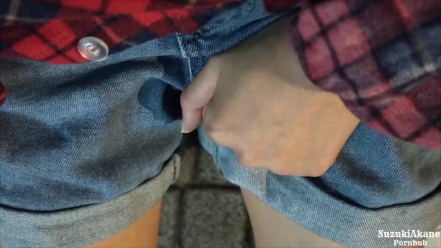 Girl peeing in denim shorts in the middle of the night