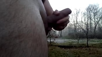 Naked exhibitionist jerks off outdoor cumshot
