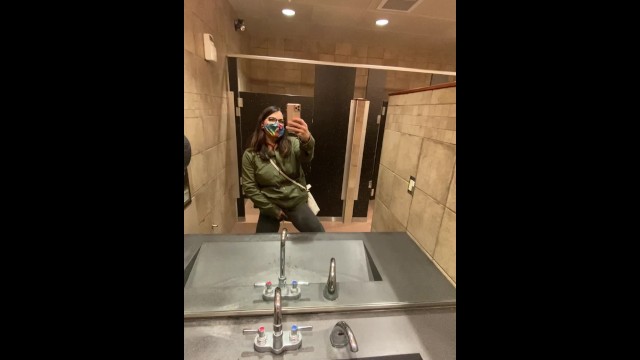 Naughty Slut wearing Crotchless Leggings sprays a Public Bathroom floor with Piss!