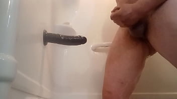 Cumming on my 8'_'_ dildo before trying it out