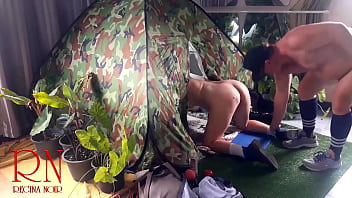 Sex in camp. A stranger fucks a nudist lady in her pussy in a camping in nature. Scene 3
