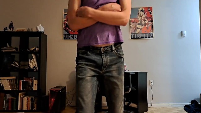Cute trans girl desperately wets her skinny jeans