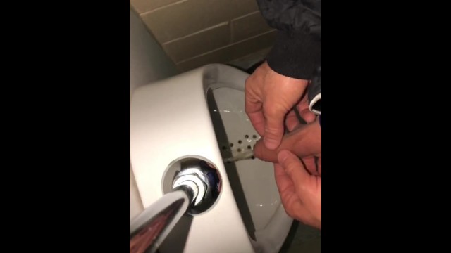 Risky Public Washroom Masturbation Pissing and Cumming into a Urinal