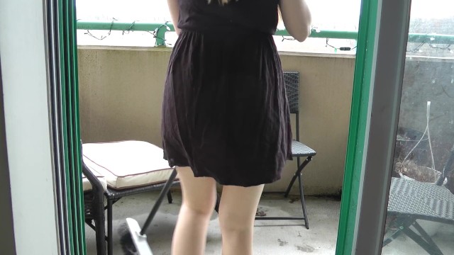 Leaking While Sweeping Outside - Balcony Peeing In a Dress No Panties