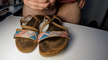 Guy masturbating and cumming on old dirty smelly leather sandals with super slow motion cumshot