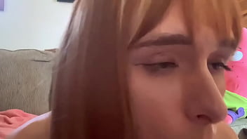 Crossdresser sissy femboy trans shemale redhead cums on dildo and licks it