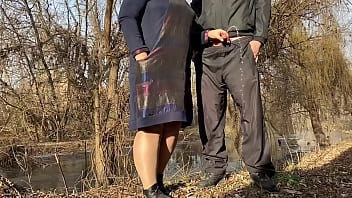 PAWG stepmom in pantyhose helps stepson pee on the lake